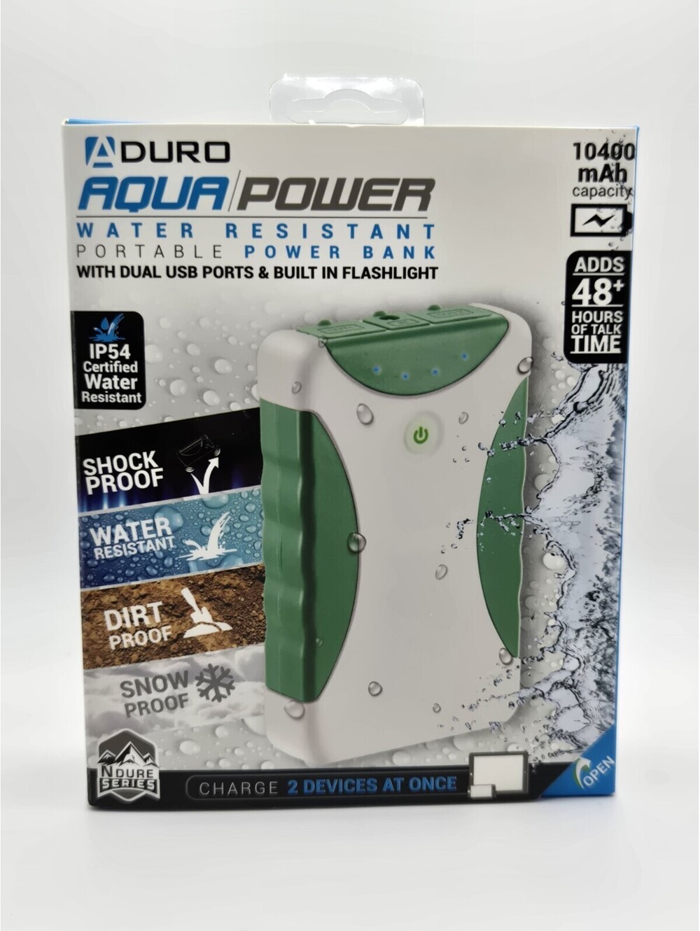 Aduro Aqua Power 10400 mAh Portable Power Bank Rugged IP54 Waterproof NIB